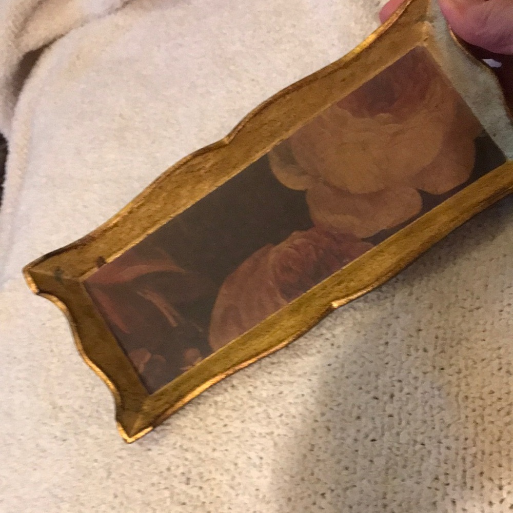 Italian Handpainted Gold Trimmed Rose Decorated Trinket Tray Vintage.